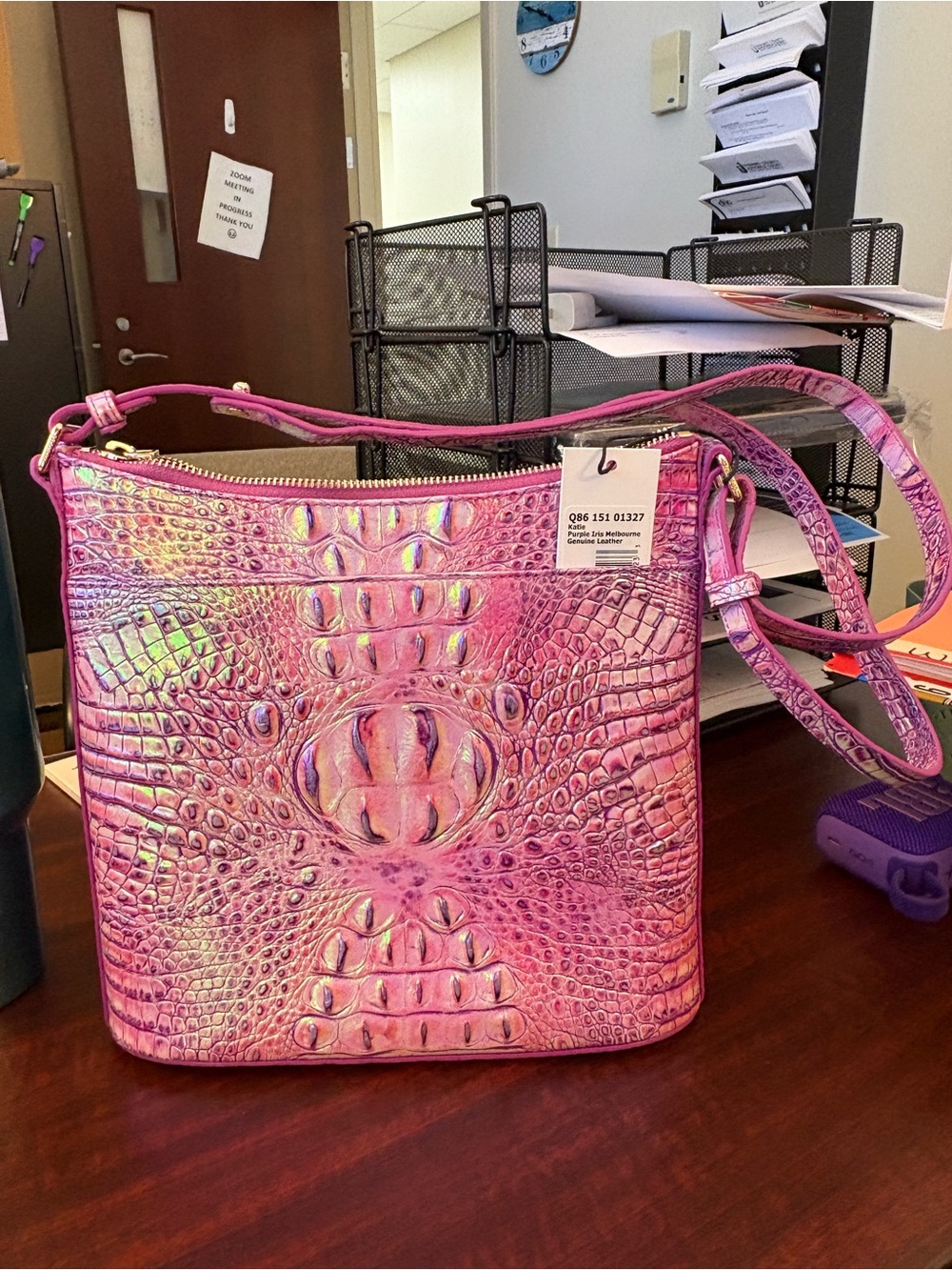 Brahmin Iridescent Katie Pink Croc-Embossed Shoulder Bag with Gold Hardware - Picture 2 of 4